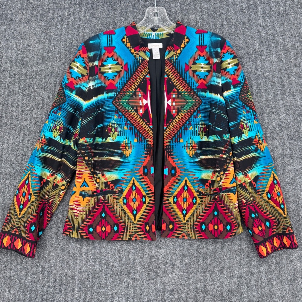 Chico's Open Front Blazer Women Sz 1 Multicolor Southwestern Geometric Ikat Art